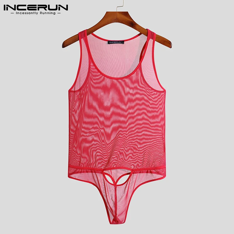 Men Mesh Bodysuits Solid Color See Through 2023 Underwear Sleeveless Pajamas Bodysuits Men Sexy Skinny Sleepwear S-5XL INCERUN