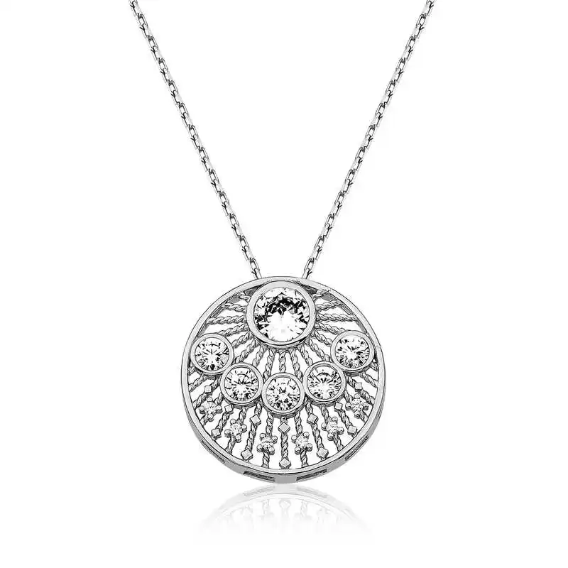 Silver Ethnic Pattern Lady Necklace Zircon Stone 925 Sterling Women Fine Jewelry Wedding Party Birthday Gift - Box - Pendant - Chain Choker - Female - Ladies - Fashion