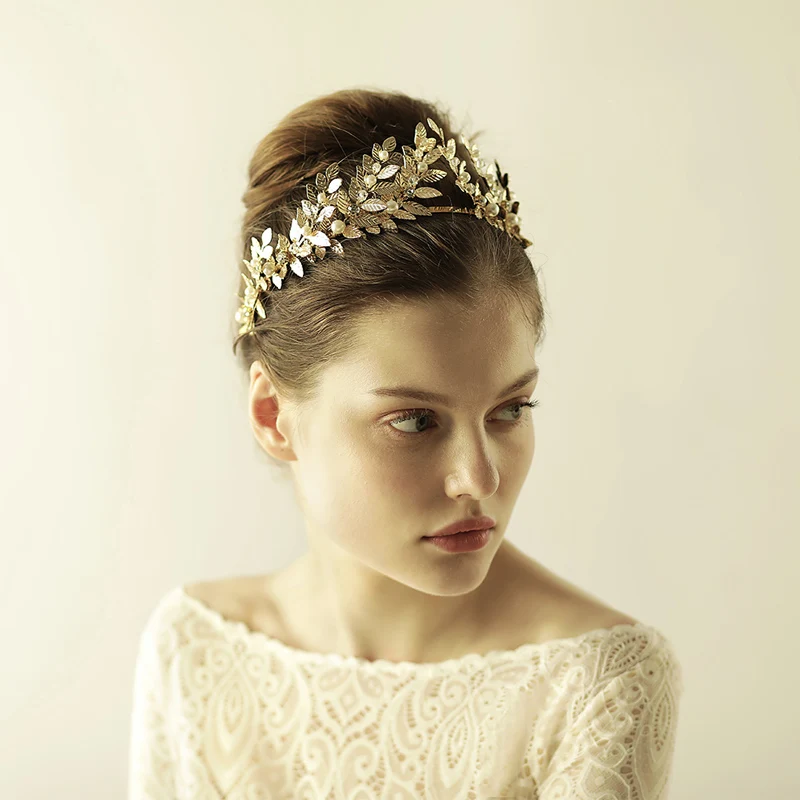 O870 Klassische legierung überzogene hochzeit tiara hochzeit haar zubehör kopfschmuck brautkrone mit blätter für braut