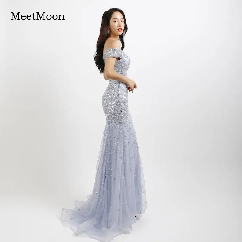 MeetMoon bling-bling cekinowa suknia wieczorowa Off Shoulder syrenka długa formalna suknia wieczorowa suknie na konkurs piękności szata De Soire ME012