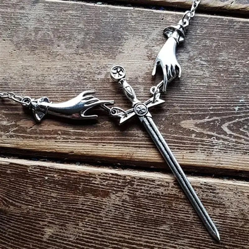 Sword Hand Necklace Pendant Gothic Jewelry Dark Dagger Charm Men Women Gift Creativity Statement Satanic Long Fashion 2021 New