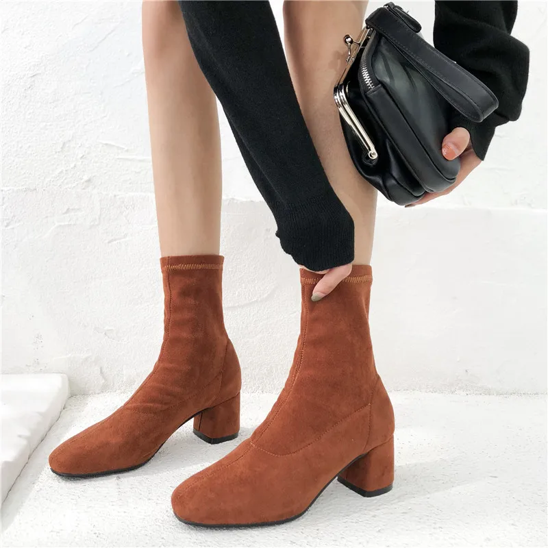 YQBTDL Fashion Winter Nubuck Suede Stretch Mid Calf Sock Boots Chunky High Heels Booties Black Office Shoes women plus size 43