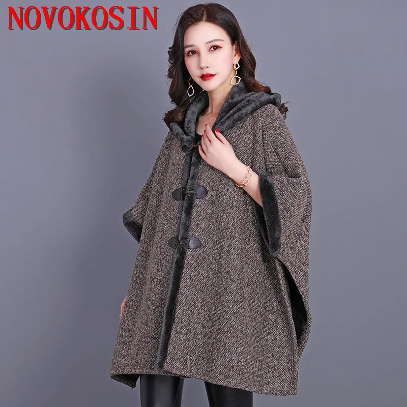 Women  Velvet Thicken Cloak Big Pendulum Cardigan Winter Warm Horn Buckle Overcoat Batwing Sleeves Long Poncho Wear With Hat