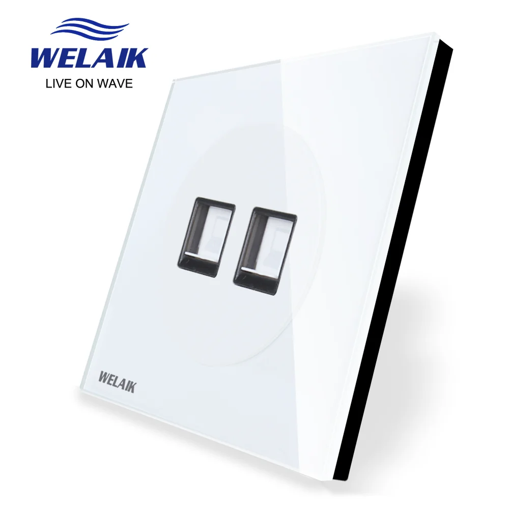 

WELAIK Tempering-Glass Panel-UK 2combinations-Wall Computer-Socket-CAT5 White UK-Standard B182COW