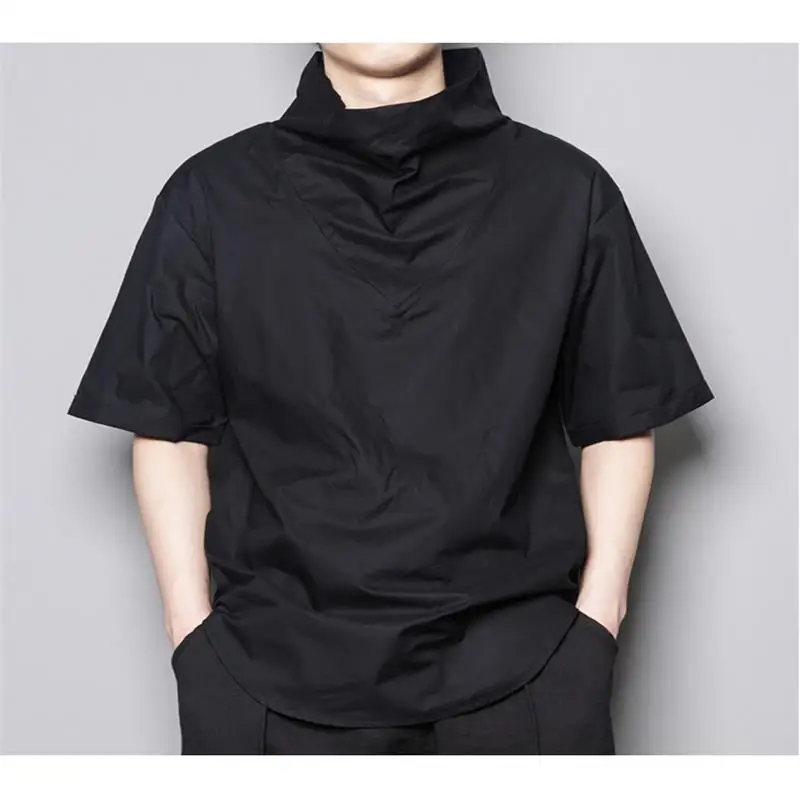 

Men's new personality simple design black and white loose turtleneck short sleeve T-shirt hairstylist hip-hop jacket