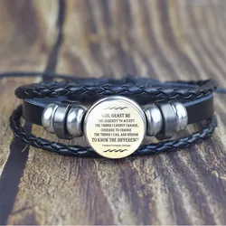 Serenity Prayer Quote Bracelet , Handcreafted Glass Cabochon  Black Leather Bracelet Braided Fashion Jewelry Friends Gift