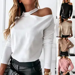 Autumn Women Fashion Solid Color Off Shoulder Long Sleeve T-shirt Choker Halter Blouse