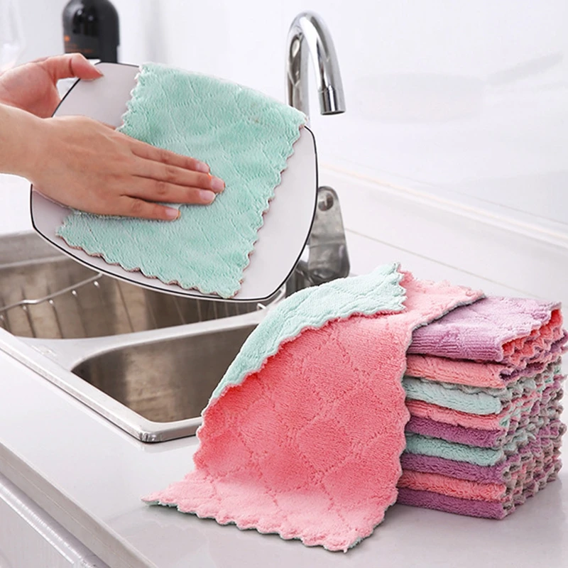 

Kitchen Dish Towels 2-Layer Coral Velvet Soft Non-Stick Oil Cleaning Cloths Dish Drying Towels Household Kitchen Cleaning Cloths