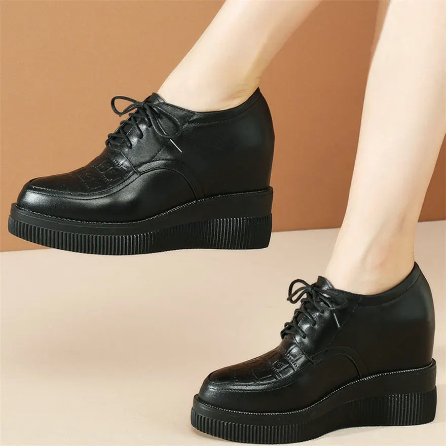 Casual Shoes Women Genuine Leather Wedges High Heel Ankle Boots Female Lace Up Pointed Toe Fashion Sneakers Low Top Trainers