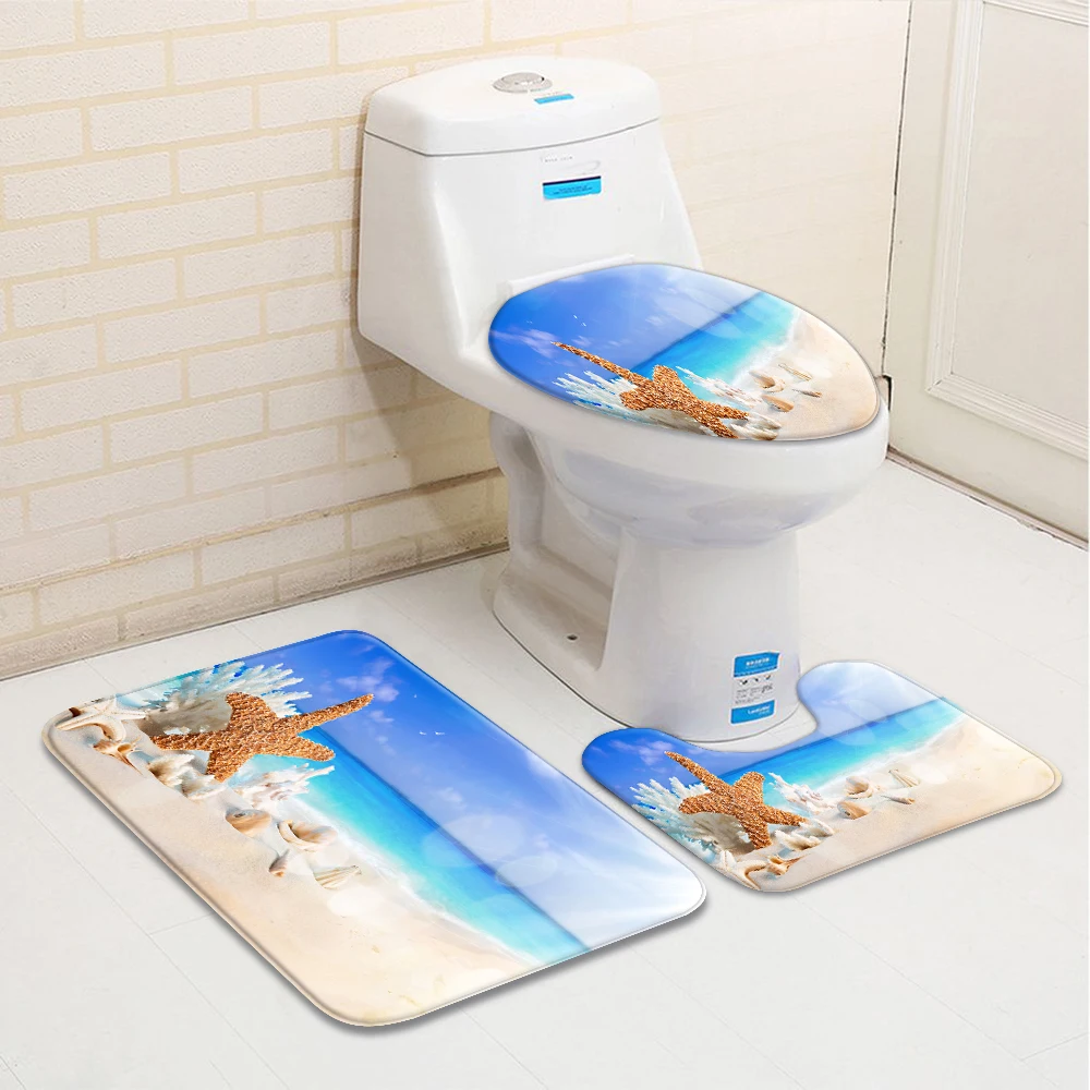 Sandy Beach Bath Rugs Shell Starfish Seaside Seawater 3 Piecet Toilet Cover Non Slip Mat Toilet Seat Accessories Bathroom Decor