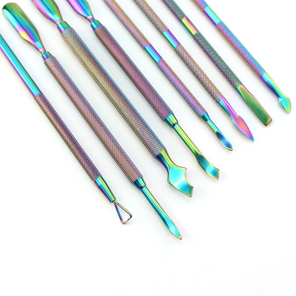 Rainbow odpychacz do skórek Dual-end stal nierdzewna martwa skóra Remover Scissor czarna pęseta do rzęs żel UV usuń narzędzia