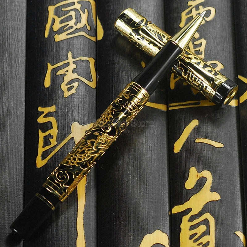 jinhao 5000 vintage metal rollerball caneta dragao textura escultura preto dourado negocio para escritorio escola suprimentos 01