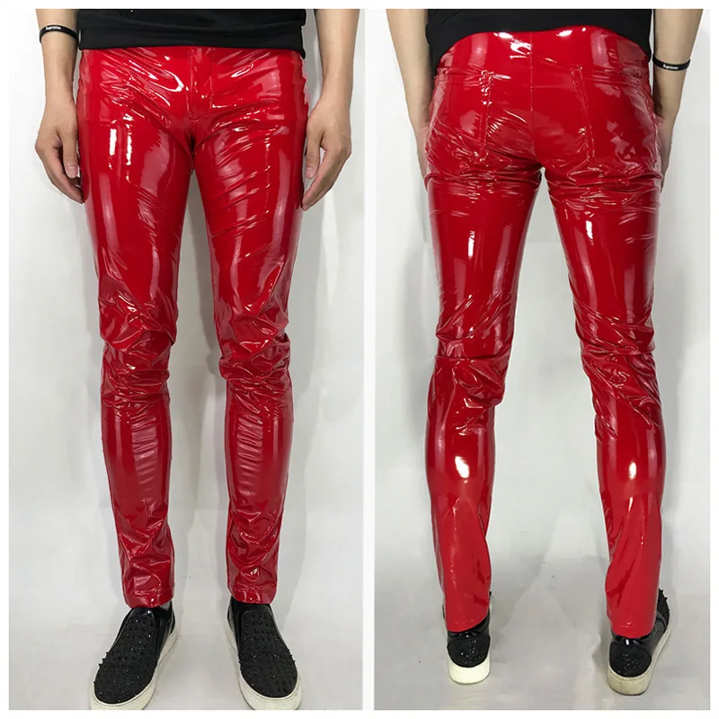 Bar Nightclub Men Singer Stretch Skinny PU Leather Pants Thin Slim Fit Motorcycle Leather Trousers Singer Performance Costume