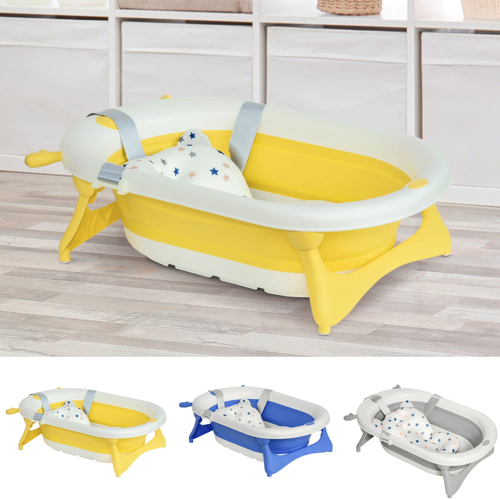 HOMCOM Folding Baby Bathtub Newborn Up 3 Years 35L with Cushion and Stopper