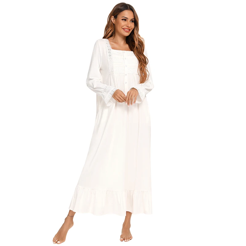 Aamikast Vintage White  Women\'s  Nightgowns Long Sleeve Sweet Girls Princess Sleepwear Loose Royal Nightdress