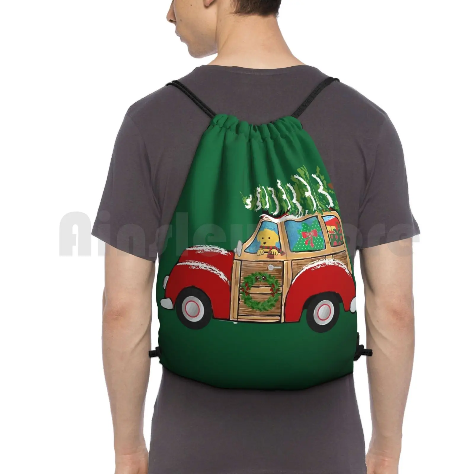 Christmas Woody Wagon-Bringing Home The Xmas Tree Backpack Drawstring Bags Gym Bag Waterproof Bringing Home The Christmas