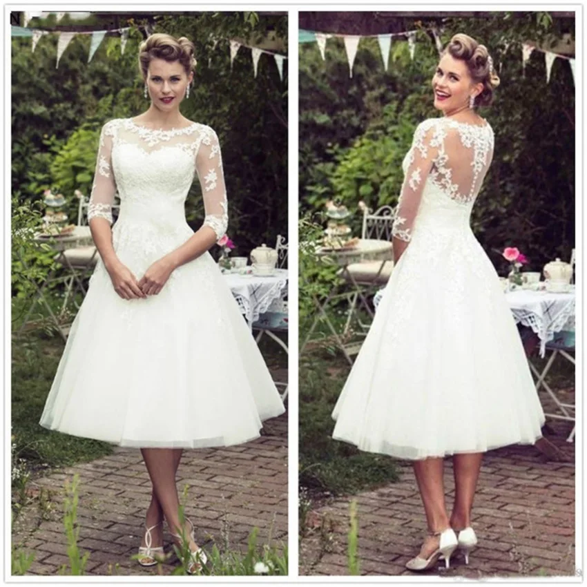 Vintage 1950's Stijl Korte Kanten Tuin Trouwjurken Halve Mouwen Doorschijnende Hals Kanten Bruidsjurken Thee Lengte Vestidos De Novia