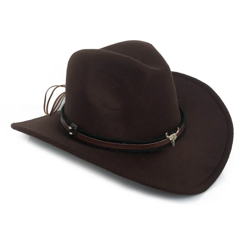 New West Cowboy Hat Fashion Imitation Wool Felt Hat Metal Bull Head Decoration Sombrero Western Men Women Cap Black Brown