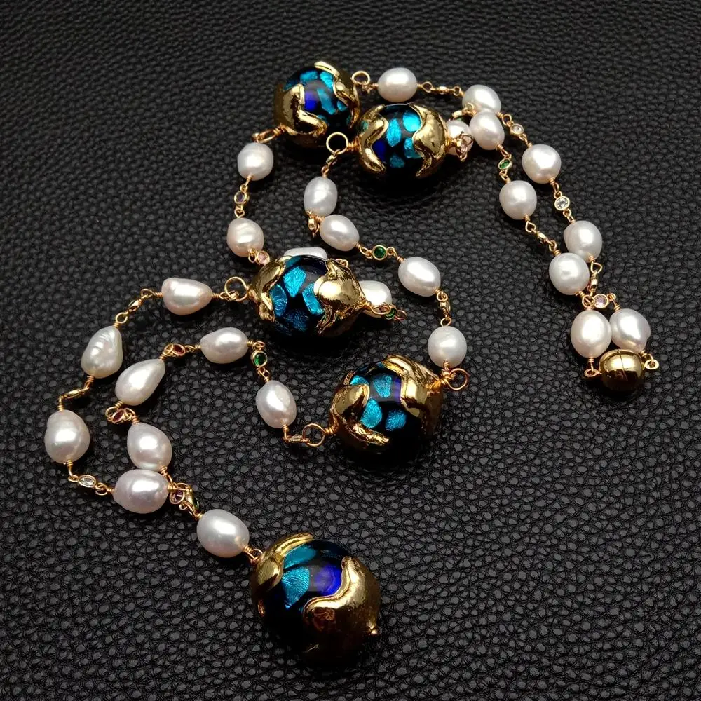 Y.YING Cultured White Baroque Pearl Blue Murano Glass Rosary Chain Long Necklace Lady Jewelry 33\