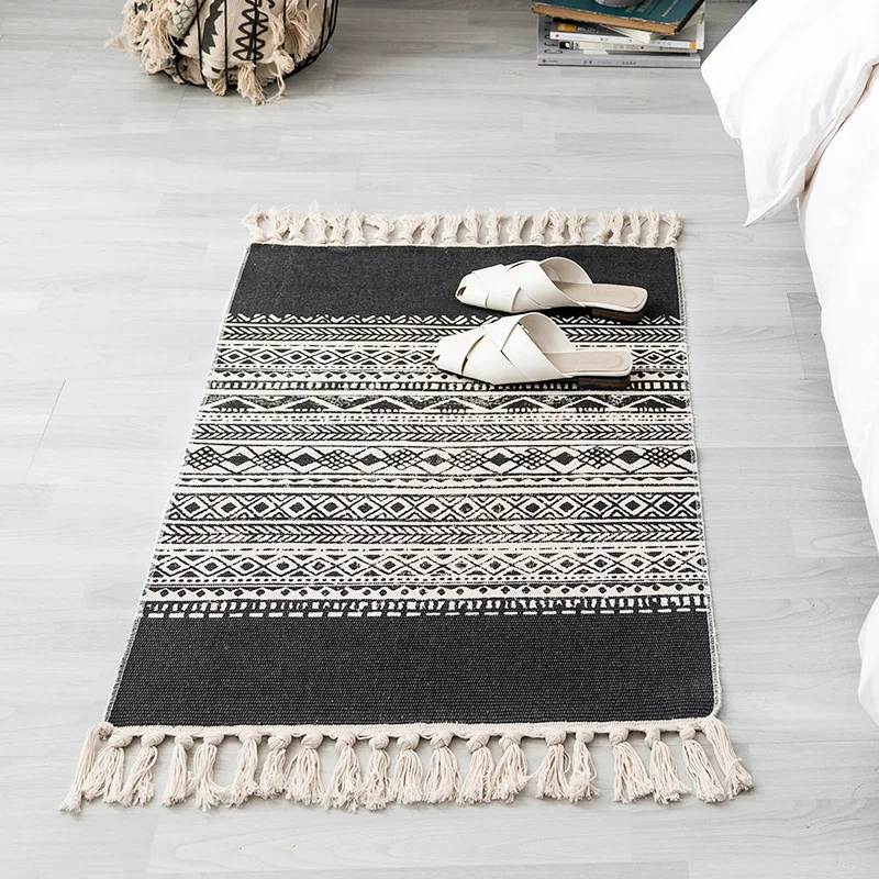 Nordic minimalist cotton and linen small fresh floor mats living room sofa  table carpet bedroom  mats tassel blanket  hand made