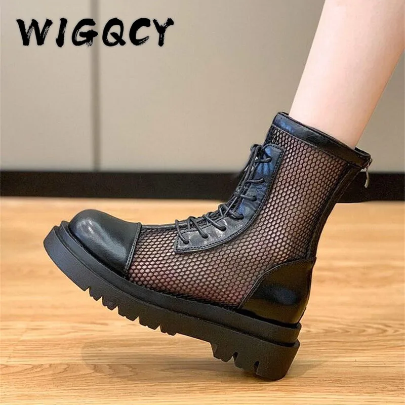 Summer Mesh Boots Women Fashion Lace Up Ankle Boots Woman Shoes Black Sandals Hollow Breathable Zipper Socks Boots Square Heel