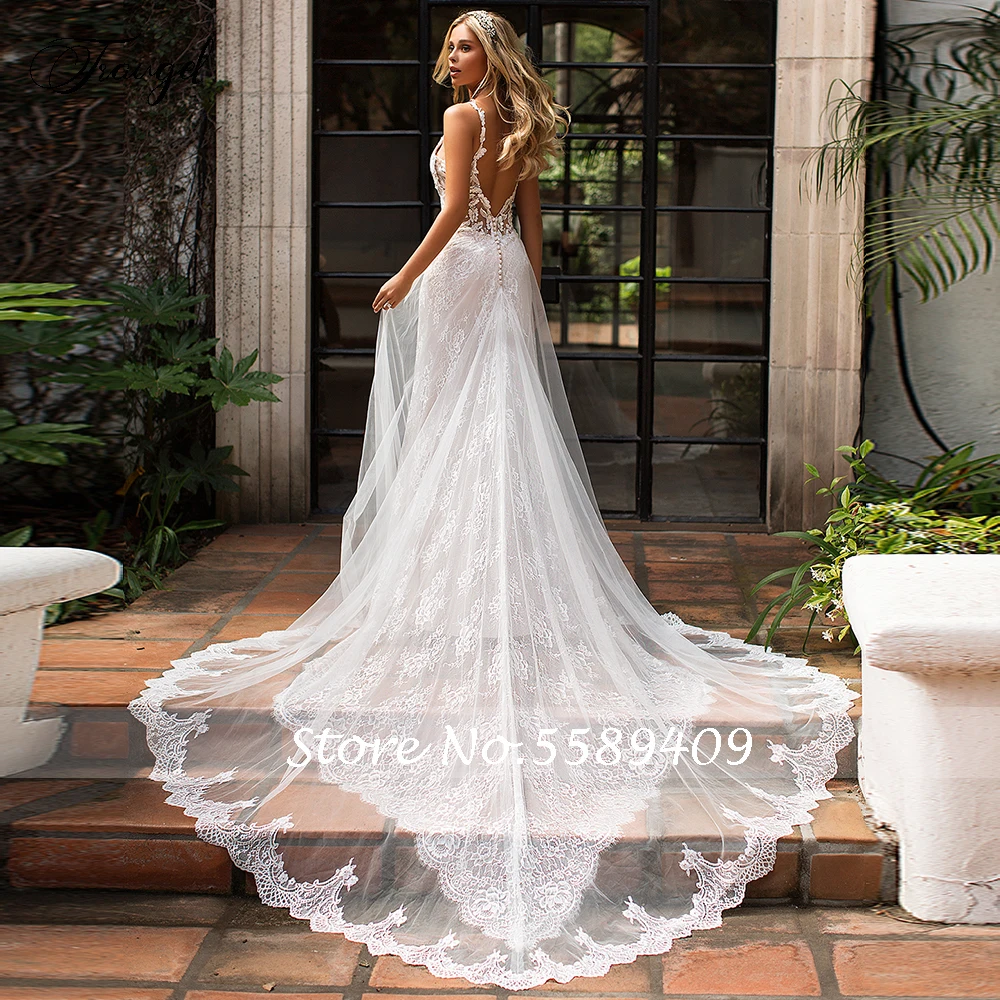 Traugel com decote em v sereia vestidos de casamento de renda chique applique cinta de espaguete sem costas vestido de noiva trem chape vestido de noiva plus size