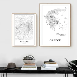 Greece Road Map Poster Black and White Prints , Athens City Map Canvas Painting Travel Posters Wall Art Pictures Office Decor