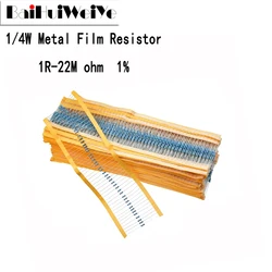 100 Pçs/lote 1/4W Filme De Metal Resistor 1R ~ 22M 1% 100R 220R 1K 1.5K 2.2K 4.7K 47 22 10K K K 100K 100 220 1K5 2K2 4K7 Resistência ohm