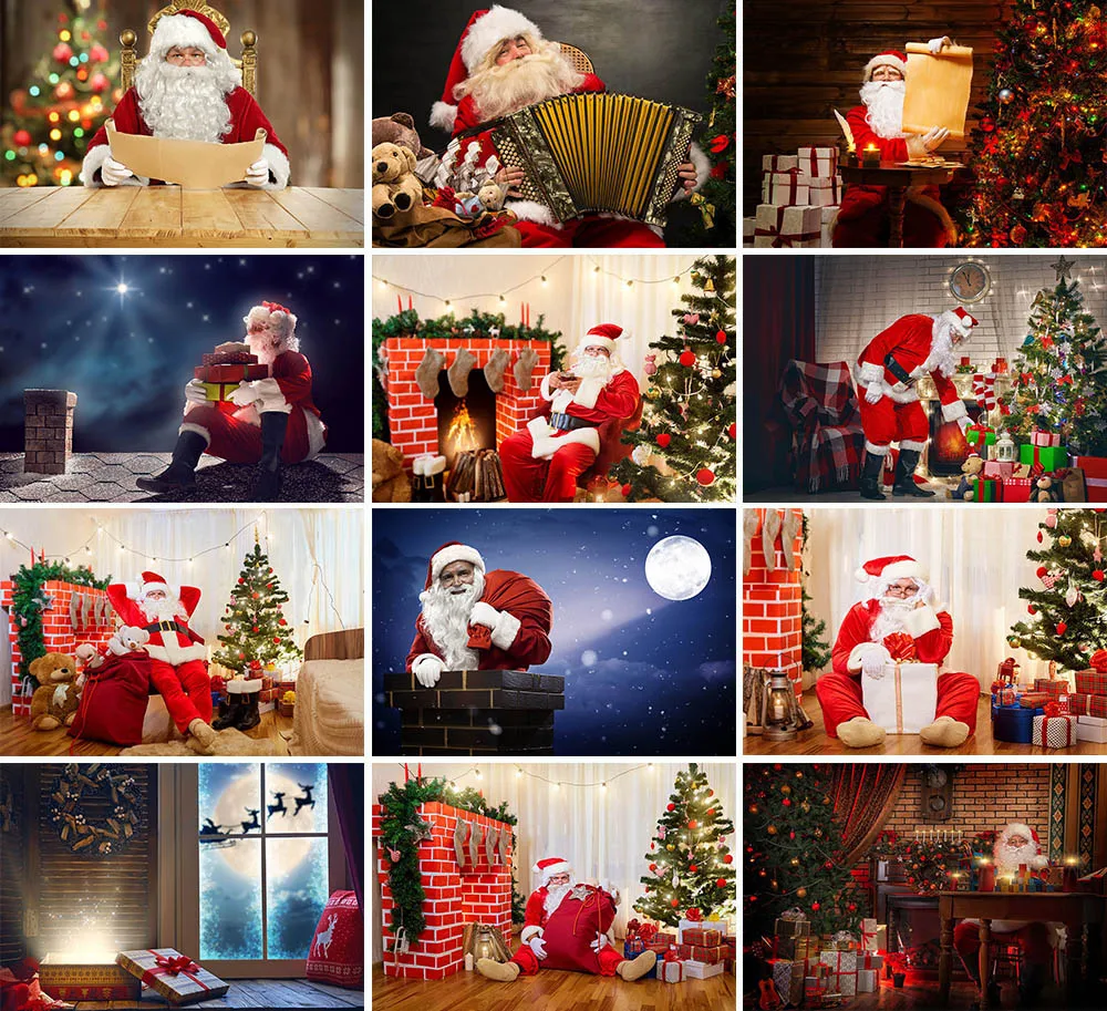 

Santa Claus Photography Background Winter Christmas Tree Gift Fireplace Socks Chimney Wood Floor Kid Backdrop Photo Studio Props