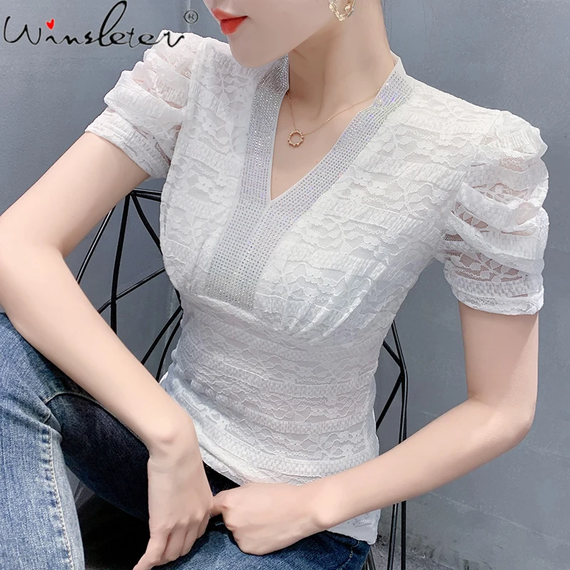 

Summer Korean Clothes Lace T-Shirt Sexy Fashion V-Neck Shiny Diamonds Women Tops Slim Bottoming Shirt Tees New 2021 T13707A