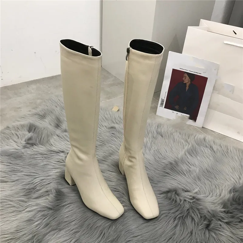 HOT Women Knee High Boots Female Fetish Zipper Knight White Boots Platform Winter Brown Booties Lady Low High Heels Shoes