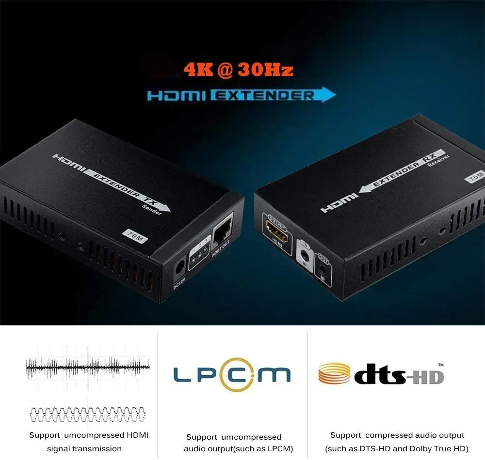 Perpanjangan HDMI 4K Melalui Kabel Single CAT/6/6A/7/8 Transmisi Tidak Terkompresi Hingga 230ft/70M Mendukung 3D,1080P, 4K dengan Dua Arah