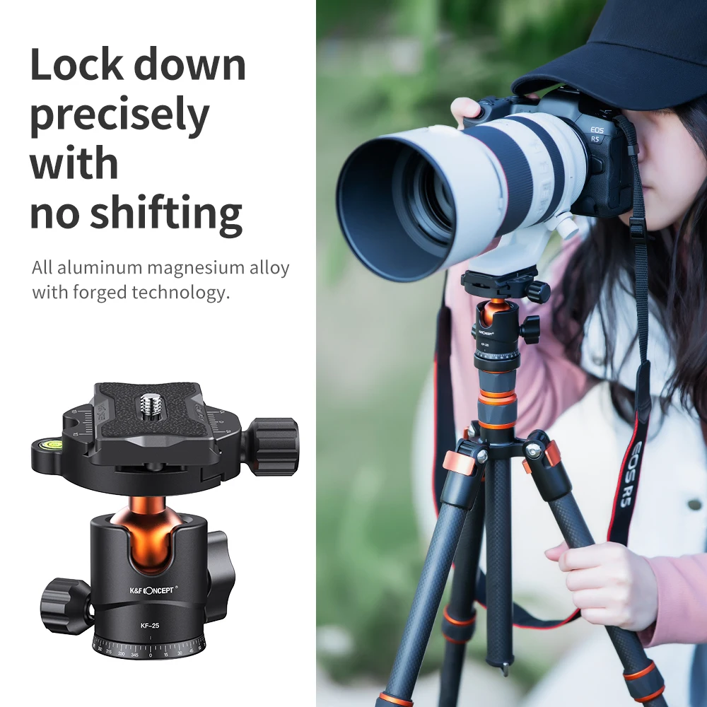 K&F Concept 25mm Metal Tripod Ball Head 360 Degree Rotating Panoramic with 1/4 inch Quick Release Plate Tripod Head up to 10 KG