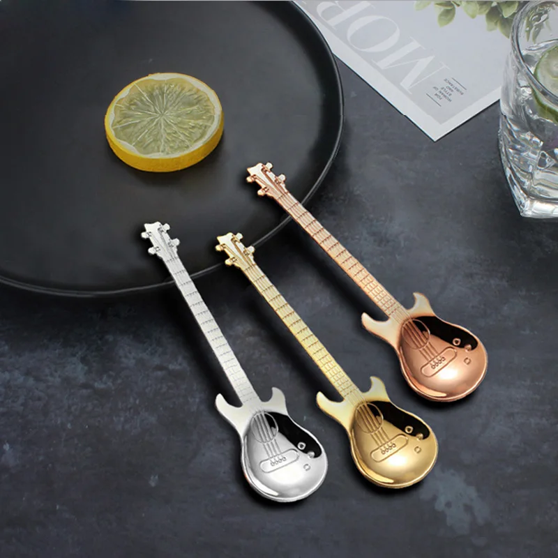 Cute Coffee Spoons Guitar Shape Mini Dessert Spoon For Ice Cream Metal Stainless Steel Musical Instrument Bass Small Spoon