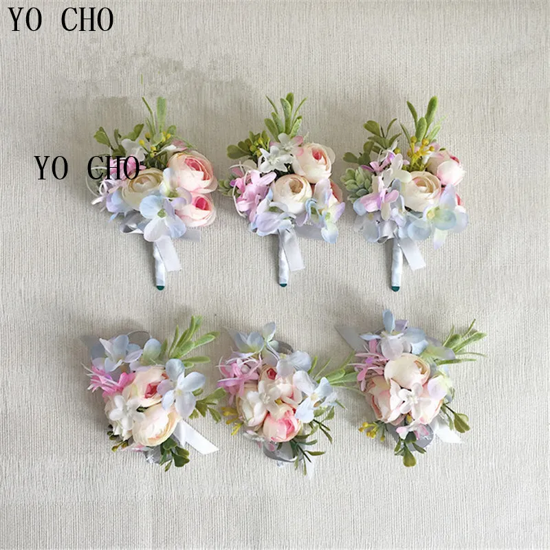 YO CHO Prachtige Zijde Rose Decor Wedding Boutonniere en Broche Kunstmatige Bloem Pols Corsage voor Bruidsmeisjes