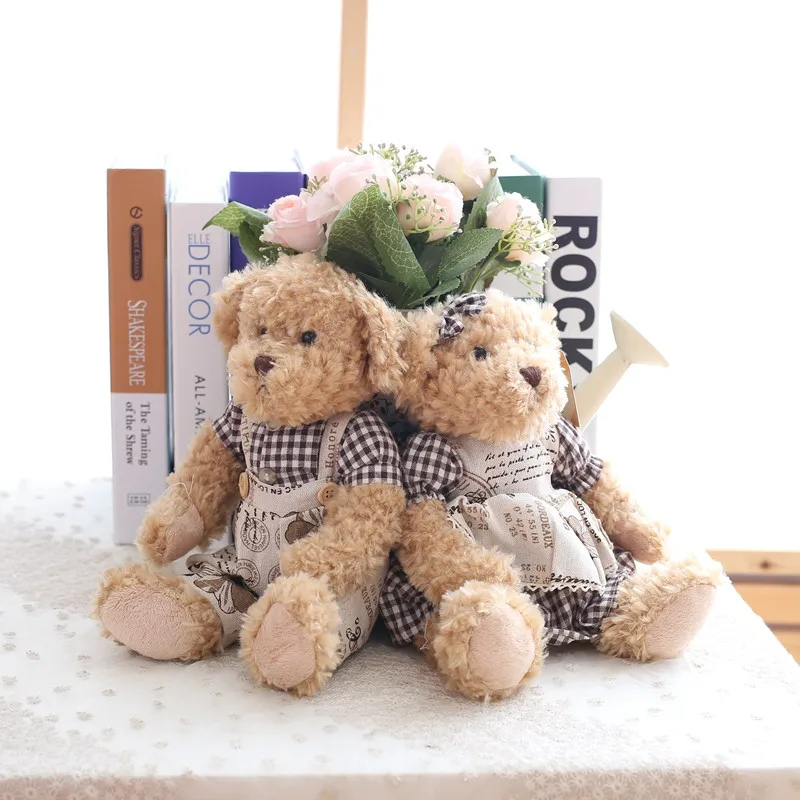 A pair 26cm Cute Couple Teddy Bear With Cloth Plush Toys Stuffed Dolls Toy Kids Baby Girls Children Girl Birthday Christmas Gift