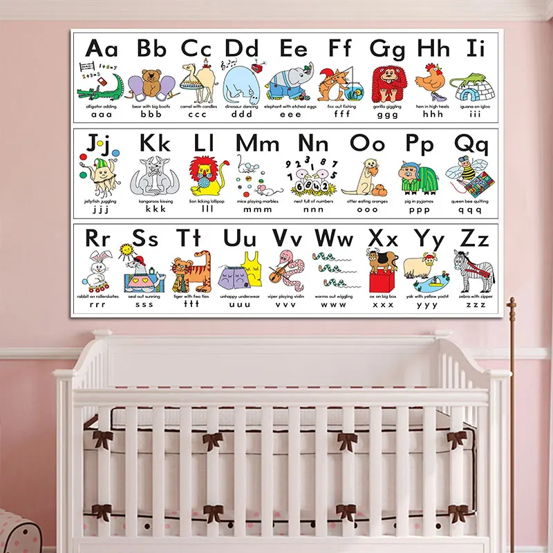 English Alphabet Wall Art Poster Baby Children Animals Letter Canvas Painting Language Educational Picture Kids Room Decor