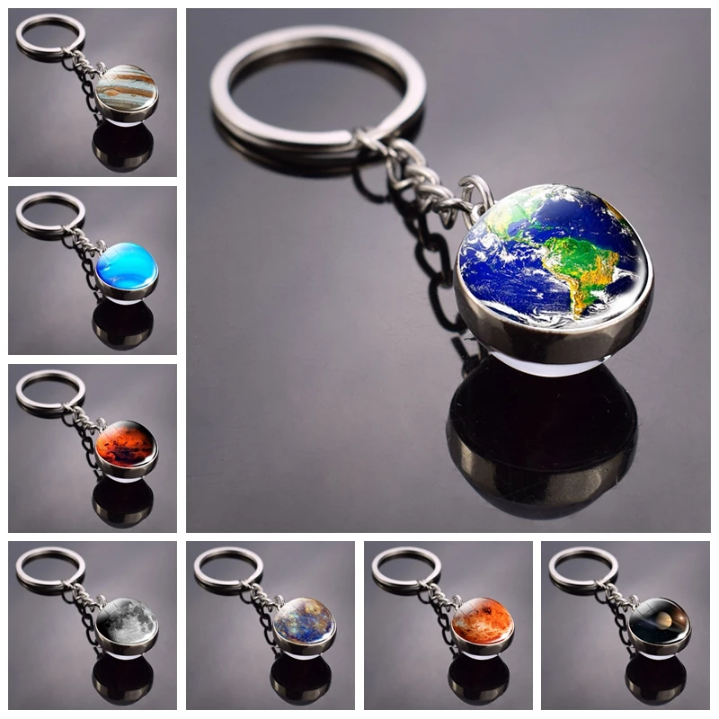 Solar System Keychain Moon Jupiter Earth Saturn Mars Mercury Venus Neptune Double Side Glass Ball Keyring Planet Galaxy Keychain