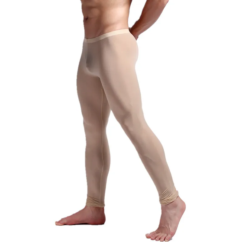 Sexy Mens Homme Long Johns See Through Tight Leggings Trousers Ice Silk Seamless Underwear Bulge Pouch Sleep Bottoms Male Pants