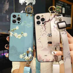 Emboss Flower Leaf Wristband Holder Crossbody Case for Huawei P40 Lite P30 Pro P20 Mate 20 Honor 50 9X 20 Nova 5T P Smart 2021 Z