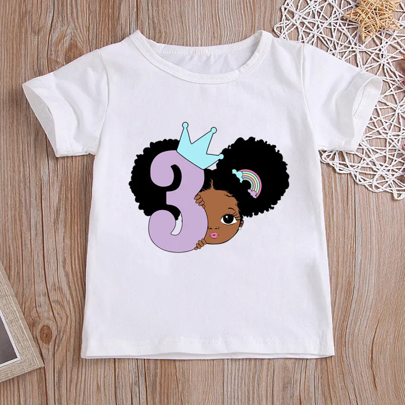 

Little Black Melanin Princess Birthday Number 1-9 Print Girls T shirt Kids Tops Streetwear Baby Clothes Children T-shirt,HKP2471