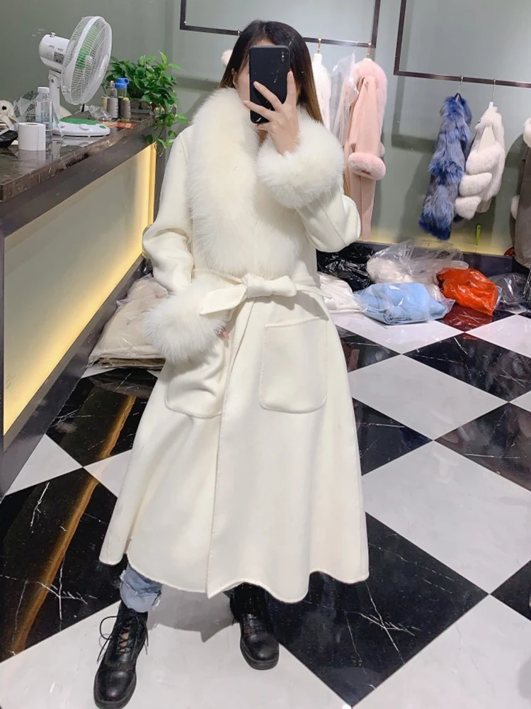 Ladies Women Winter Handmade Double Side 100% Woolen Real Fox Fur Collar Long Thick Warm Female Wool Coat