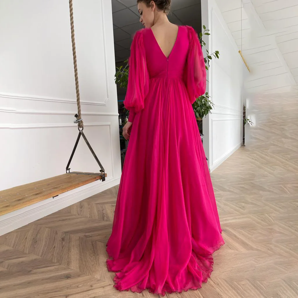 Robe de soirée froncée en mousseline de soie, col en V, fente haute, sur mesure, manches longues bouffantes simples, ligne A plissée, dos nu, robe de bal de Cocktail