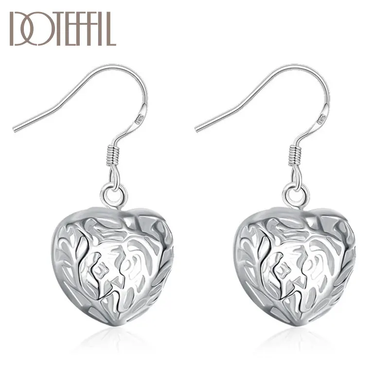 DOTEFFIL 925 Sterling Silver Heart-Shaped Geometric Hollow Earrings Charm Woman Jewelry Fashion Wedding Engagement Party Gift