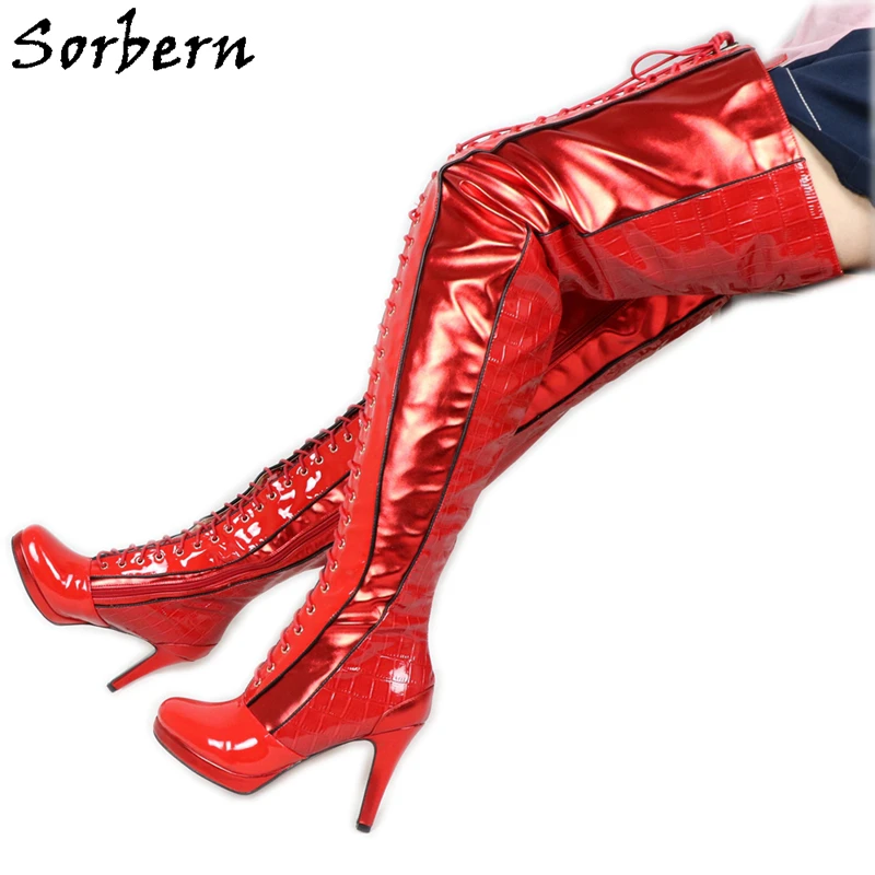 Sorbern Personalizzato Rosso Crespi Stivali Sopra Gli Stivali Al Ginocchio In Base Alle Immagini Lace Up Coscia Alta Piattaforma Numero di scarpe