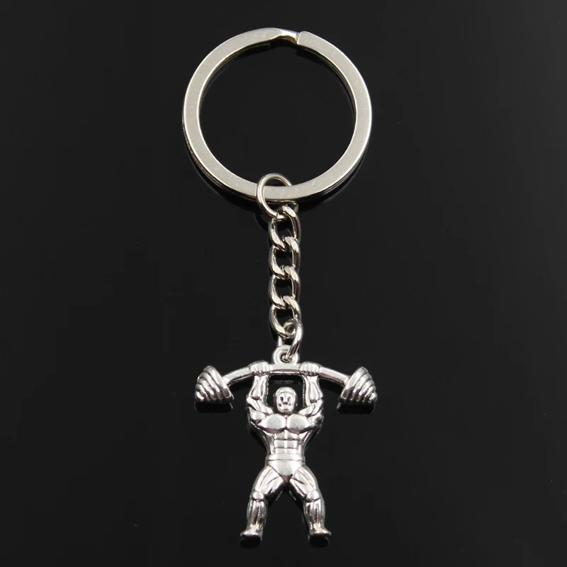 Fashion Keychain 31x28mm Fitness Muscular Man Lifting Barbell Silver Color Pendants DIY Men Jewelry Car Key Chain Ring For Gift