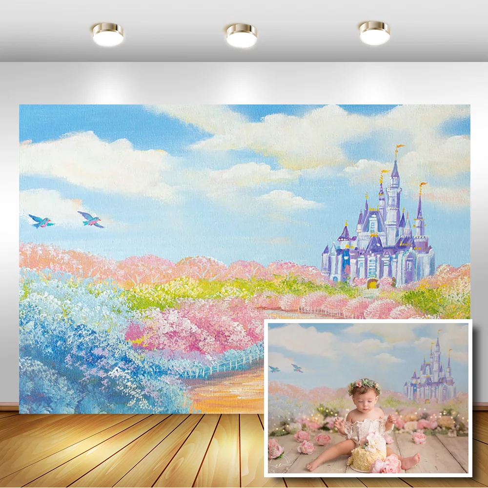 

Castle And Flowers 1st Birthday Photo Props Studio Booth Background Blue Sky White Clouds Photography Background Newborn Baby