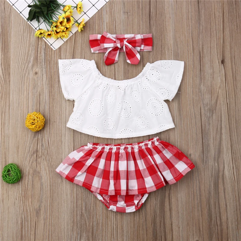 น่ารักทารกแรกเกิดเด็กทารก3Pcs Off ไหล่เสื้อ + ชุดสั้นลายสก๊อต + Headband Outfits 0-24M ใหม่