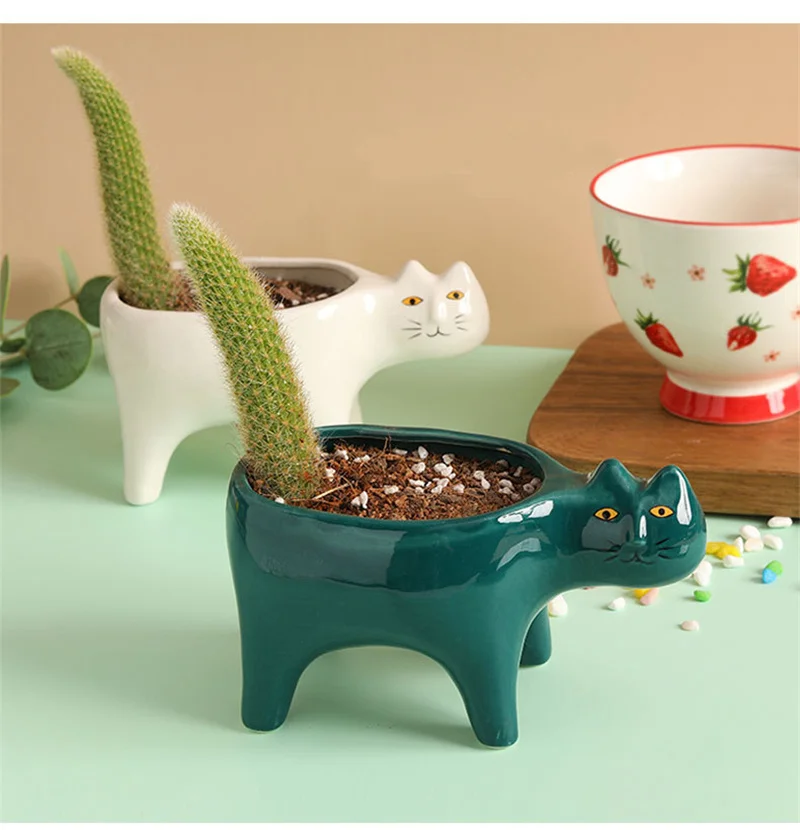 Cute Cat Ceramic Garden Flower Pot Animal Image Cactus Plants Planter Succulent Plant Container Tabletop Ornaments Decoration