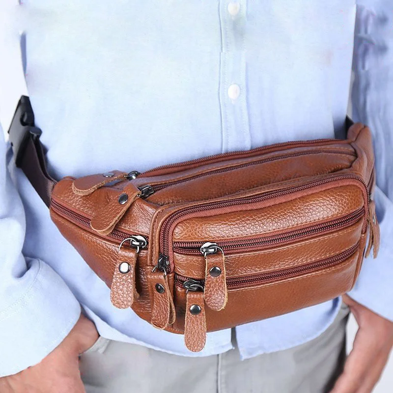 JCHENSJ Genuine Leather Men\'s Fanny Pack Waist Bag For Men Large Capacity Men\'s Belt Bag 7 Zipper Pocket Outdoor